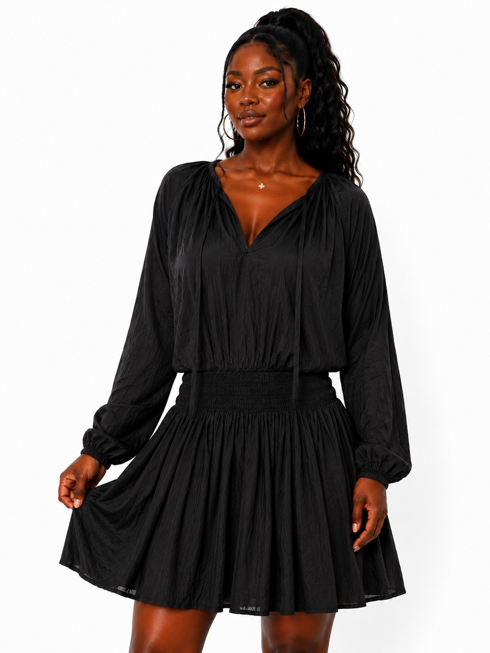 Black Long-Sleeve Smocked Waist Dress